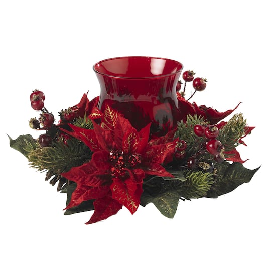 13" Poinsettia & Berry Candelabrum Artificial Arrangement